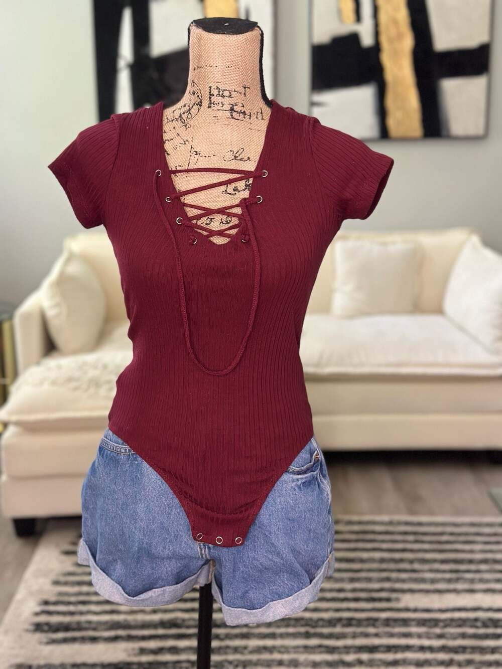 rue21 Ribbed Lace-Up Front Short Sleeve Bodysuit in Burgundy - Picture 2 of 6